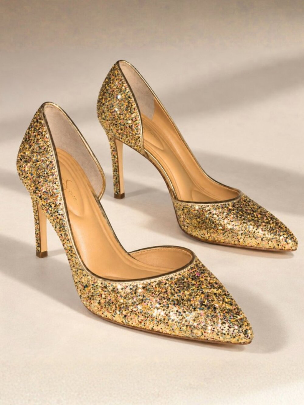 Jessica Simpson Prizma Half D'Orsay in Party Gold Glitter Heels Pointed Toe 8.5